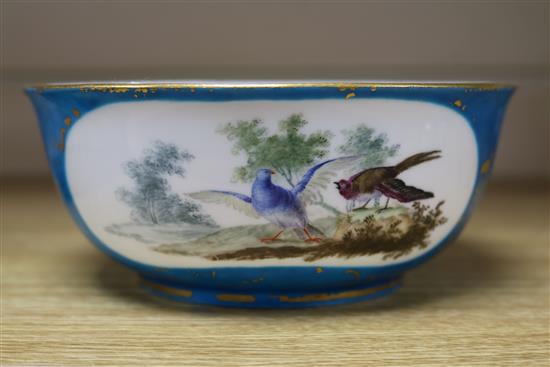 A Sevres style bleu celeste ornithological bowl, diameter 16.5cm
